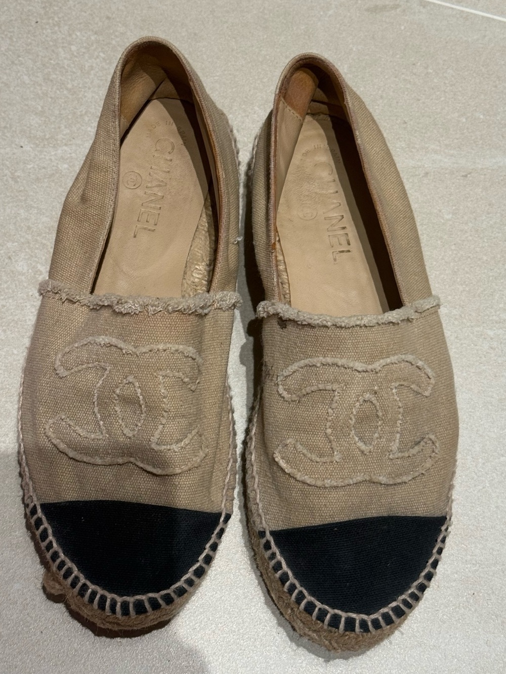 CHANEL Tan Canvas Espadrilles with Black Cap Toe